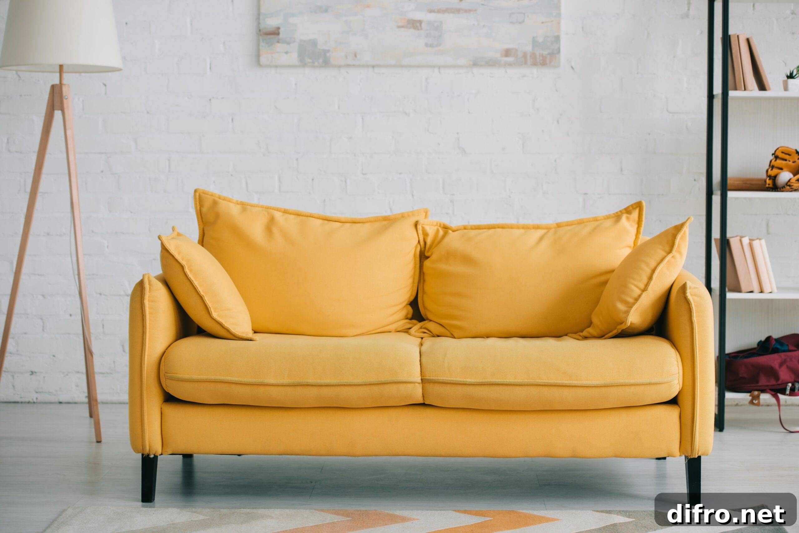 A small, yellow couch in an otherwise white room.