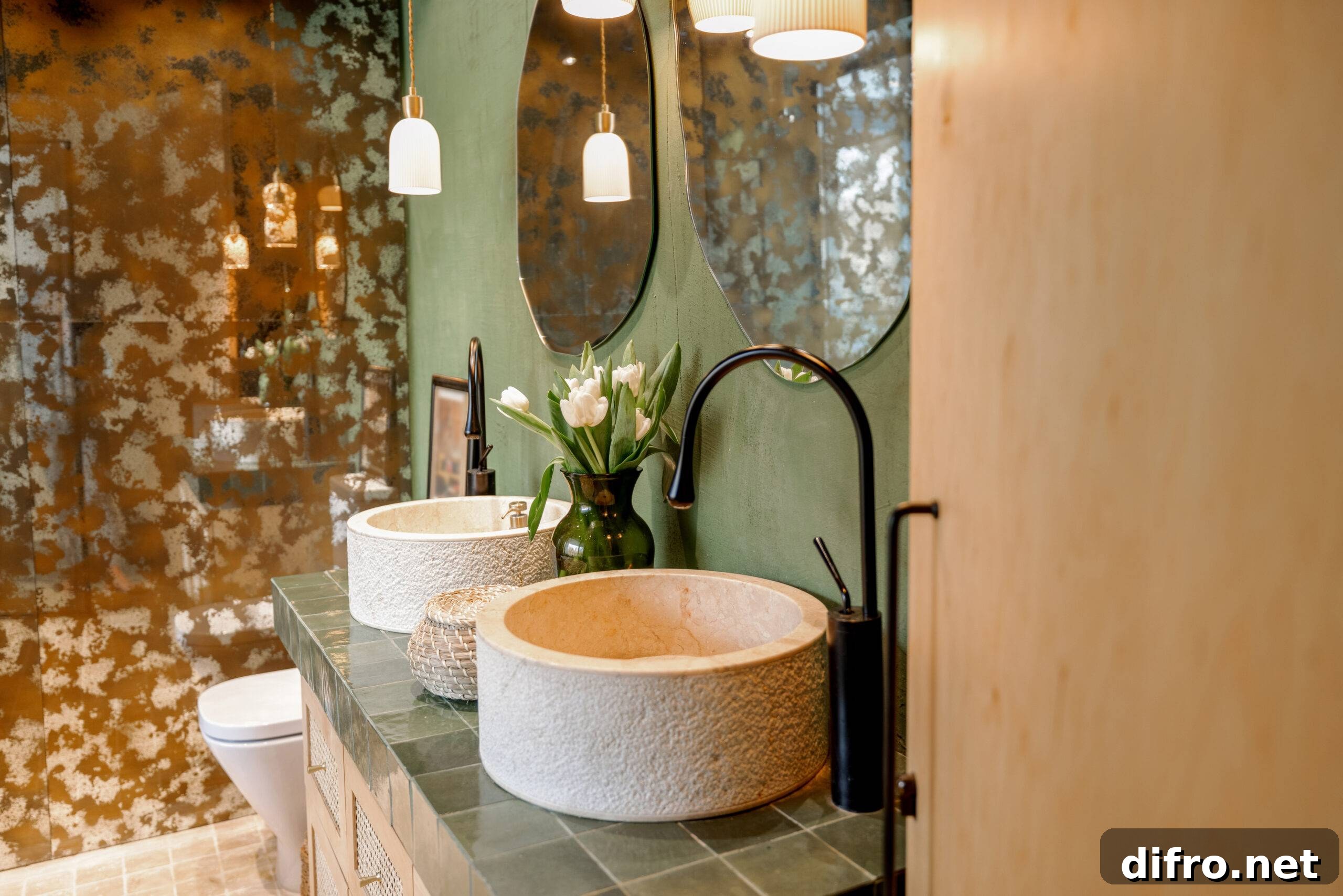 Bathroom interior with stone wash basins, modern faucets, irregularly shaped mirrors and wooden rattan commode in green and beige tones in natural boho style