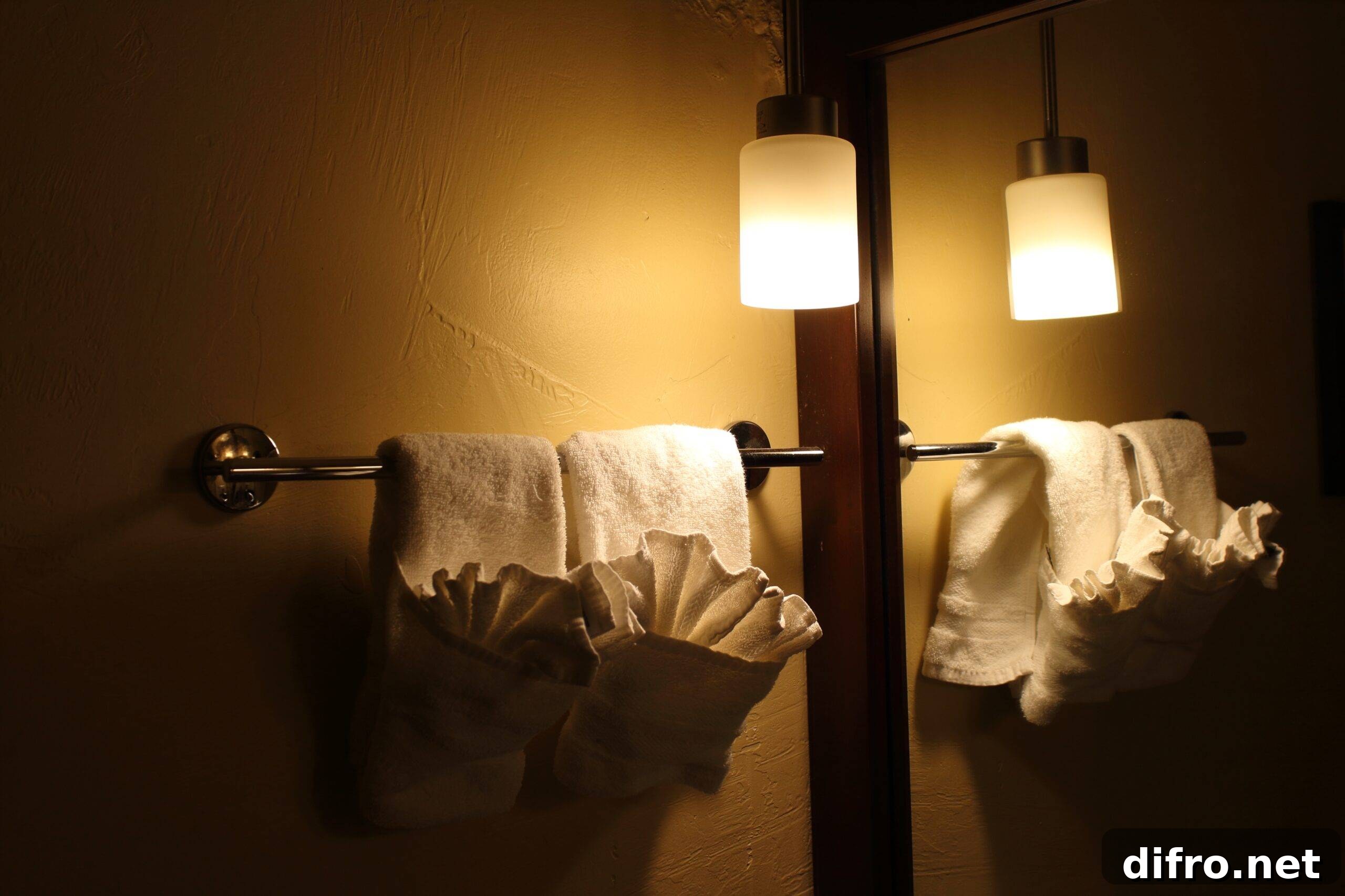 A dramatic wall lamp lighting a corner of a bathroom above a towel rack.