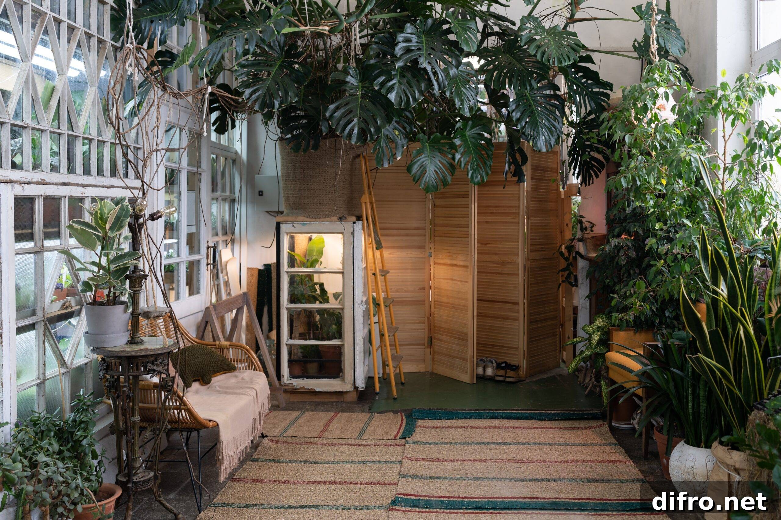 Cozy eco-home with indoor greenhouse, rattan chair and large Monstera plant
