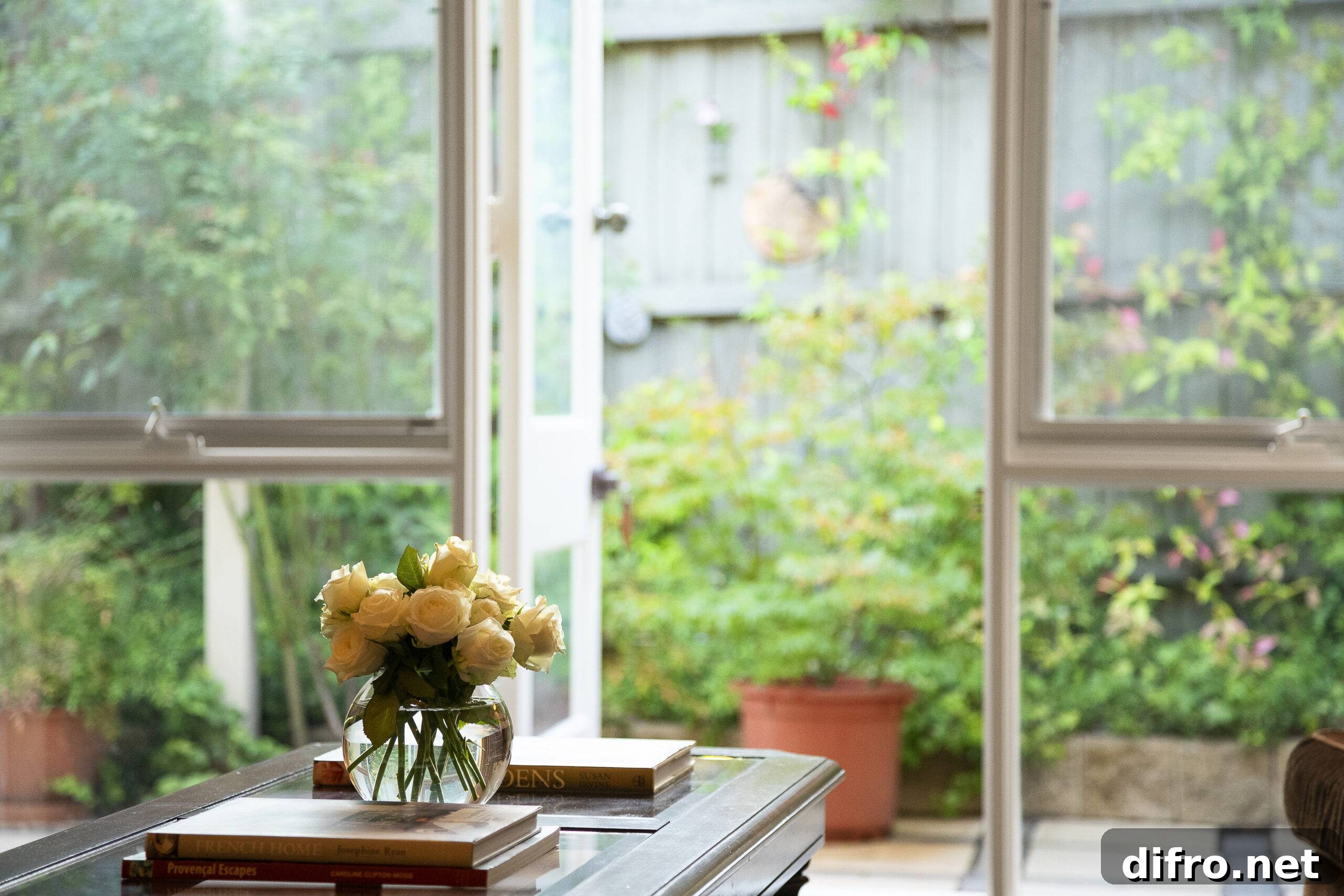 Table with vase and books in front of full-wall window panels