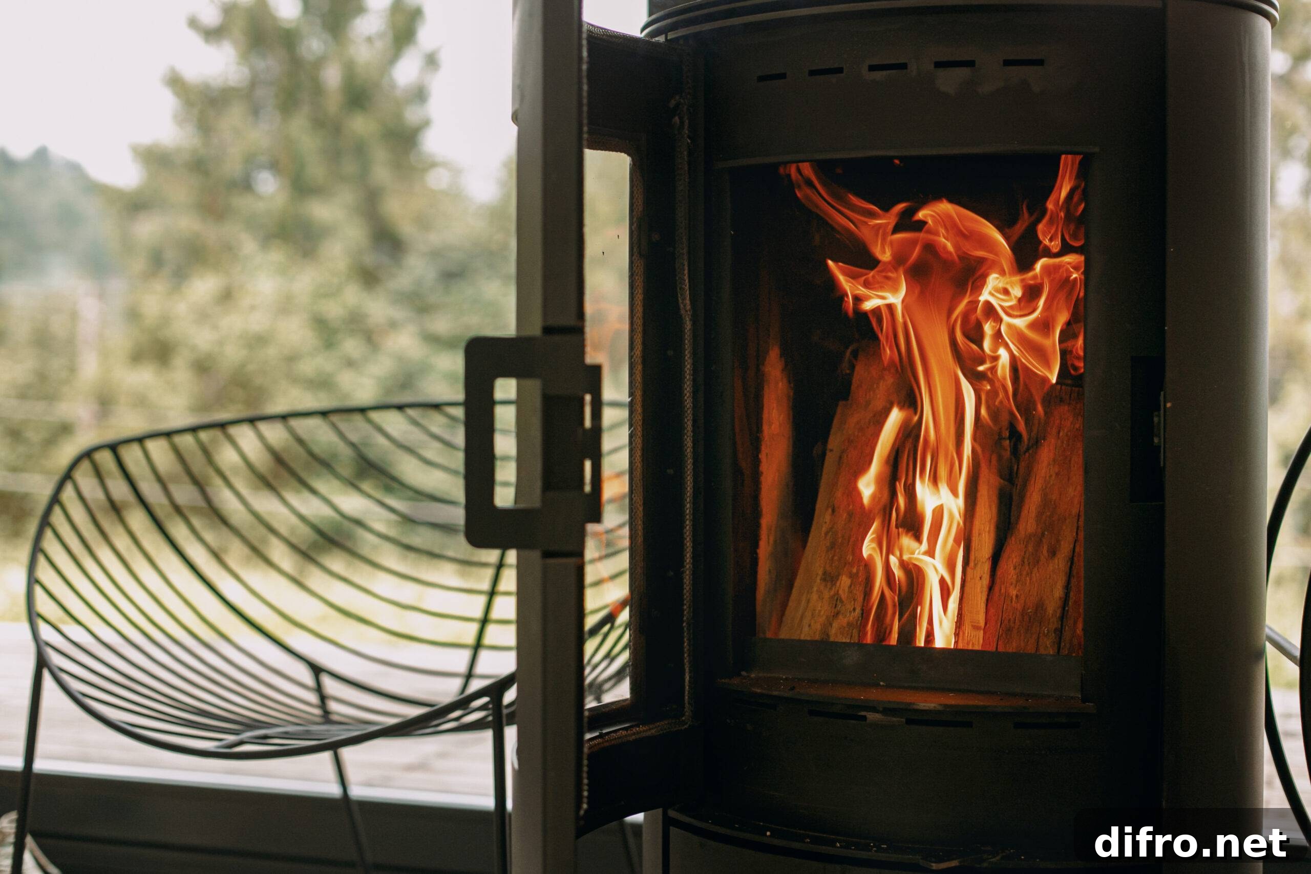 Modern black fireplace with fire and wood in front of large windows