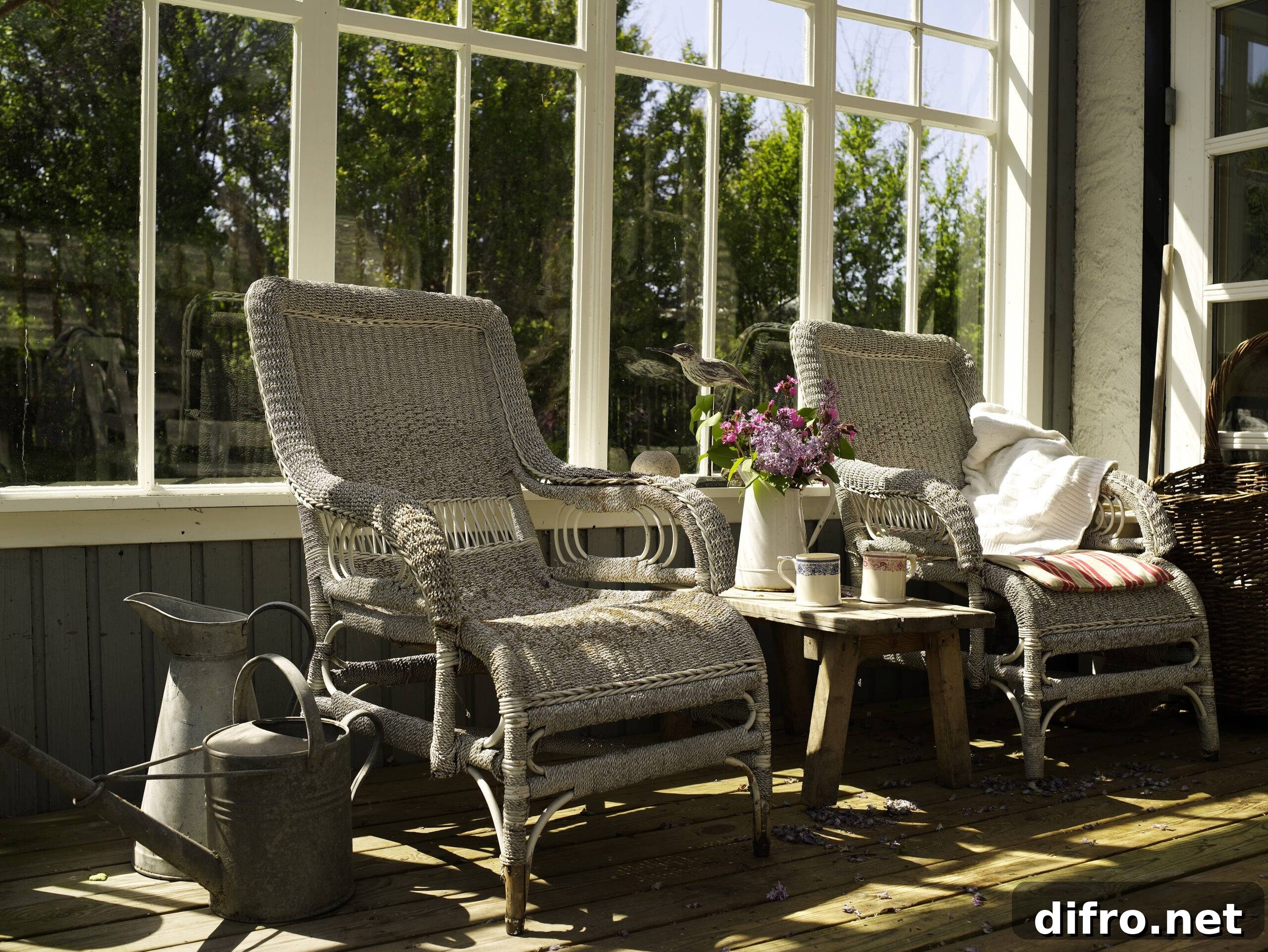 Wicker chairs and side table in sunlit conservatory