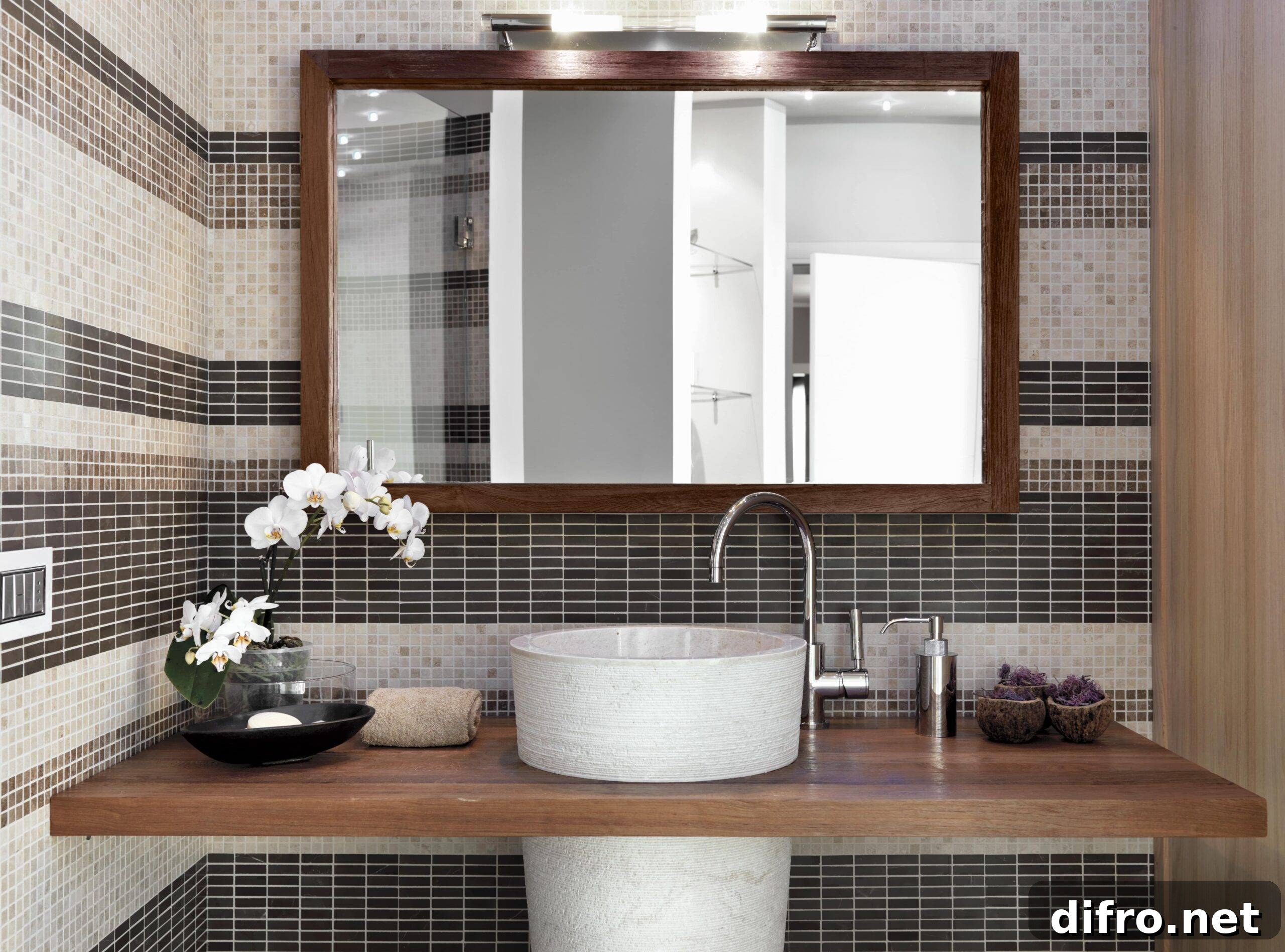A bathroom vanity with a large, wood-framed mirror hanging above it.