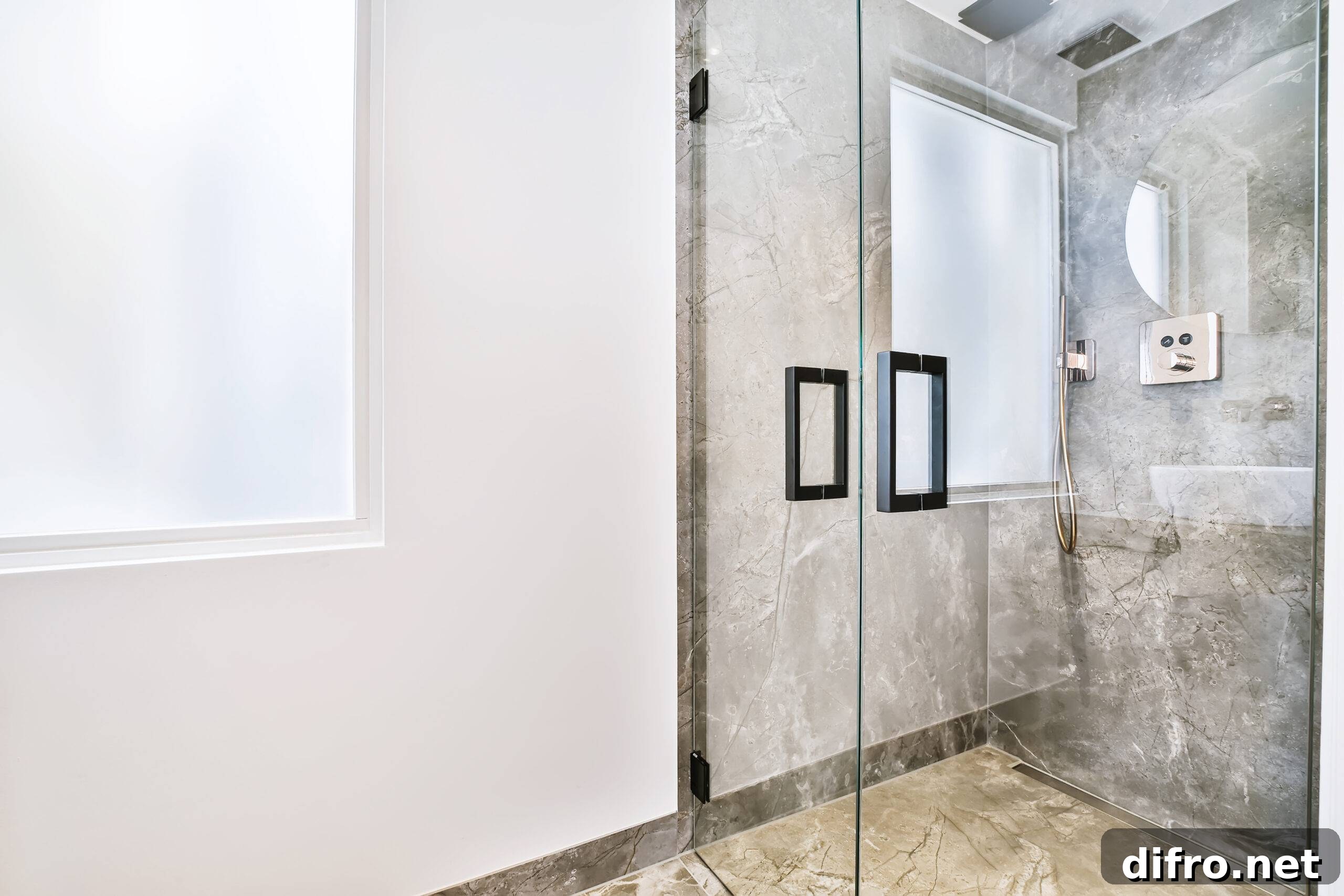 Modern shower stall in a bright bathroom