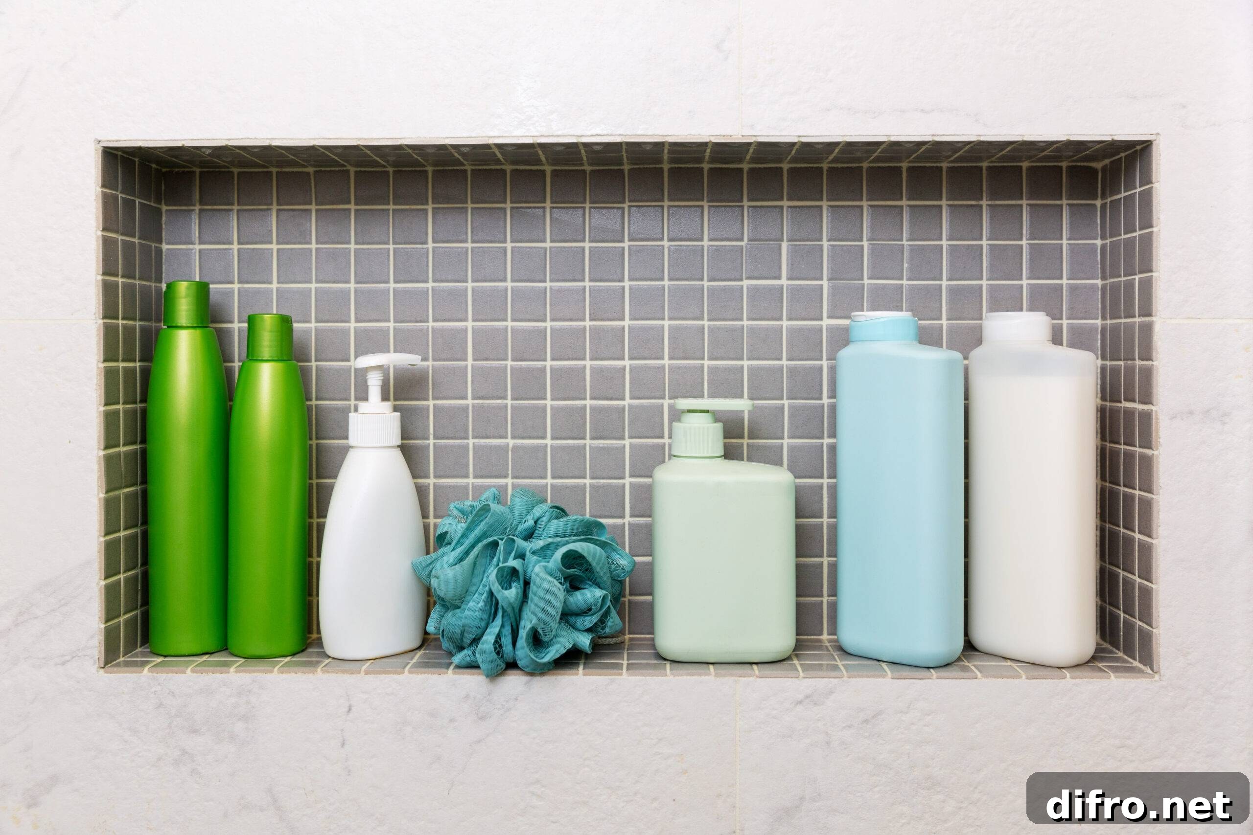 A recessed shower shelf with gray tile and various shampoo bottles.
