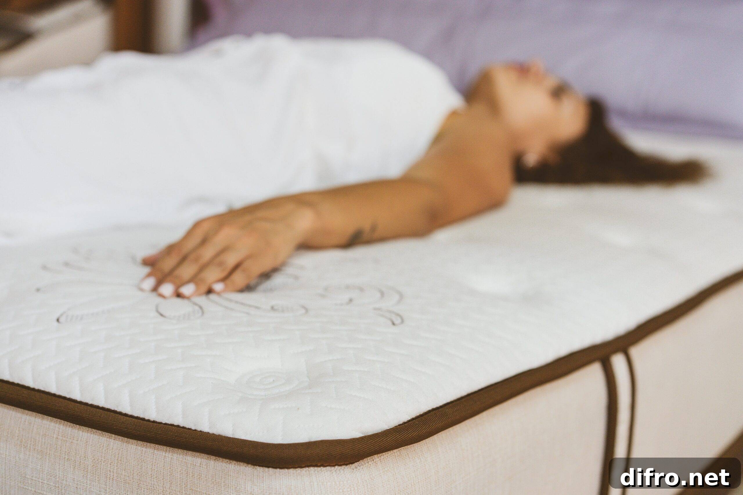 A woman laying on a bare mattress in a mattress store.