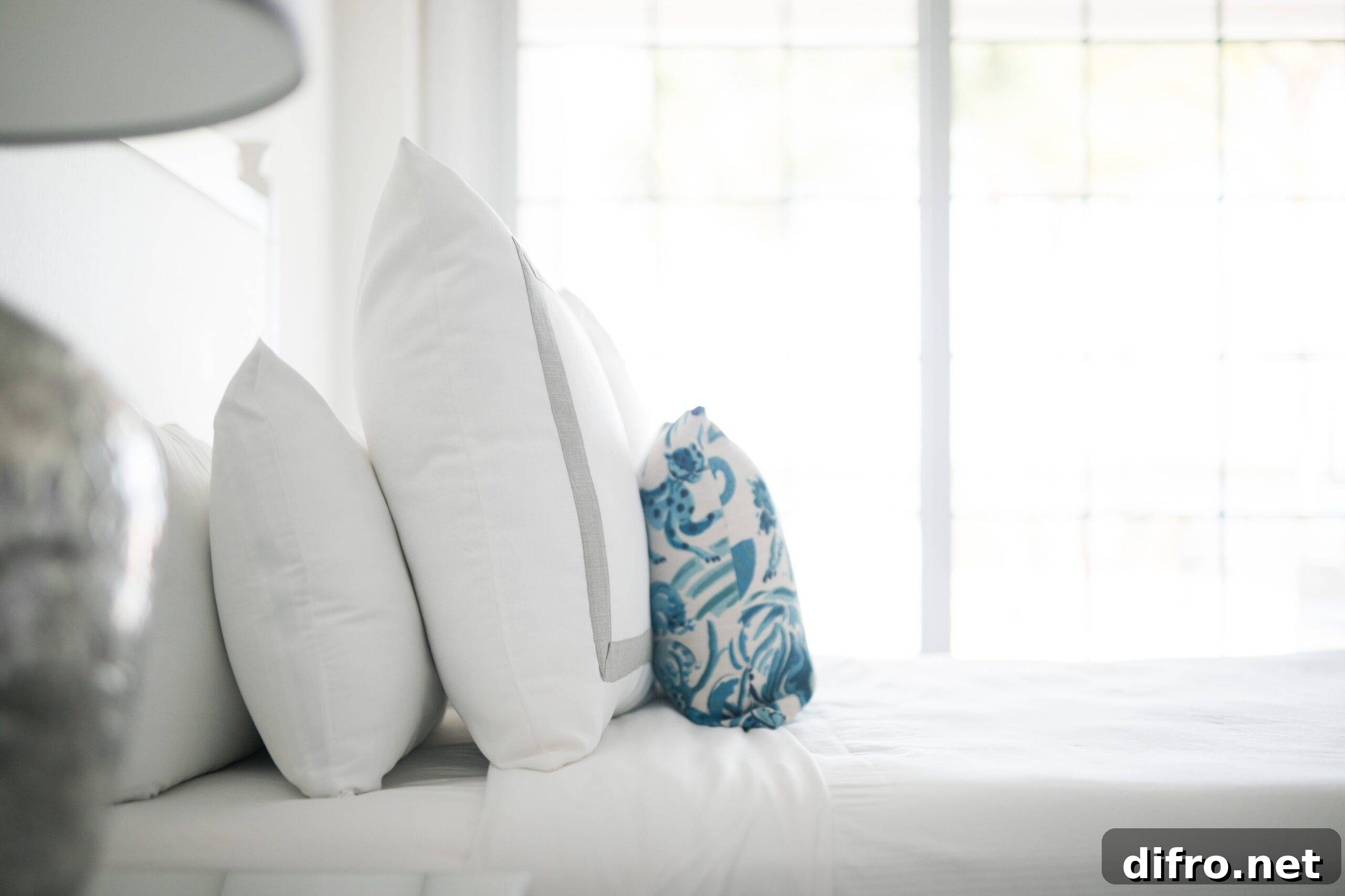 A bed with a few layers of pillows at the headboard.
