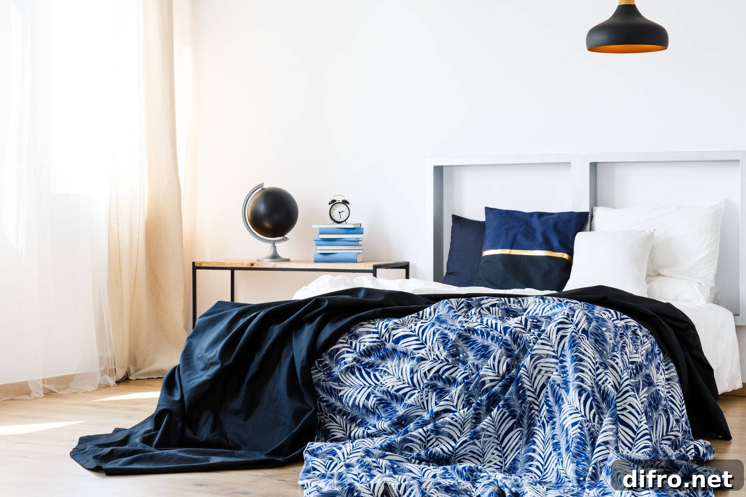 Bed with blue and white bedding and modern headboard
