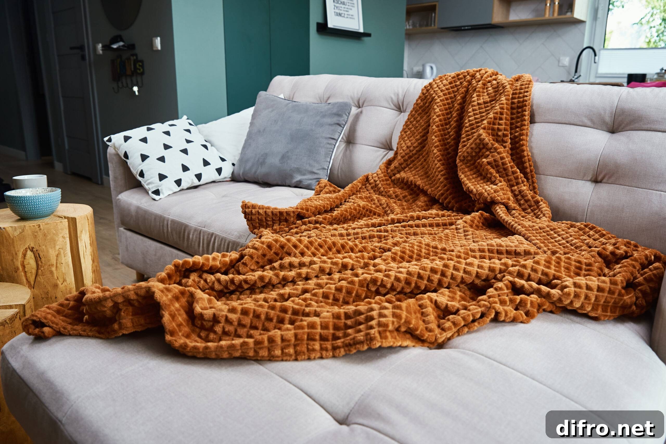 Sofa with plaid and cup of tea. Place for relaxation. Moderm room interior