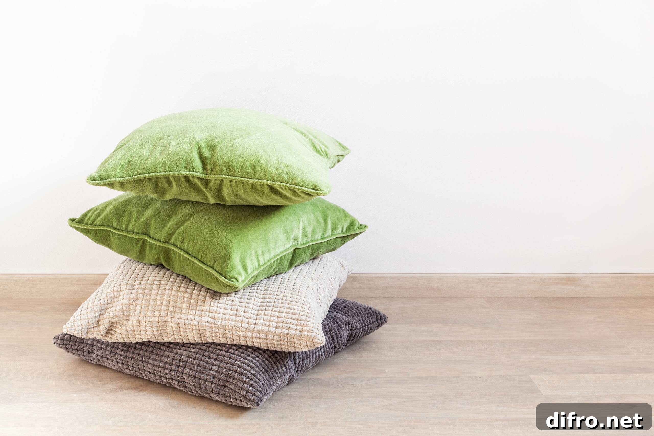 A stack of throw pillows, in green, grey, and cream, stacked on the floor.