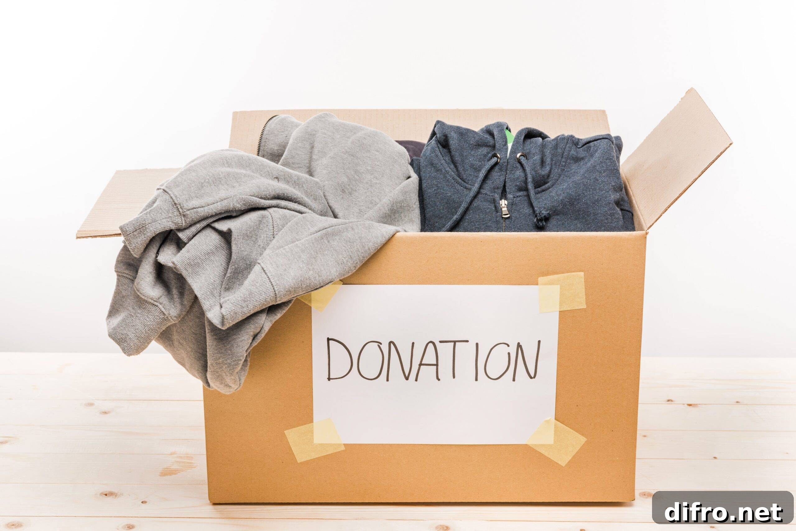 A cardboard box with a label that reads, "Donation" on it, the box full of clothes.