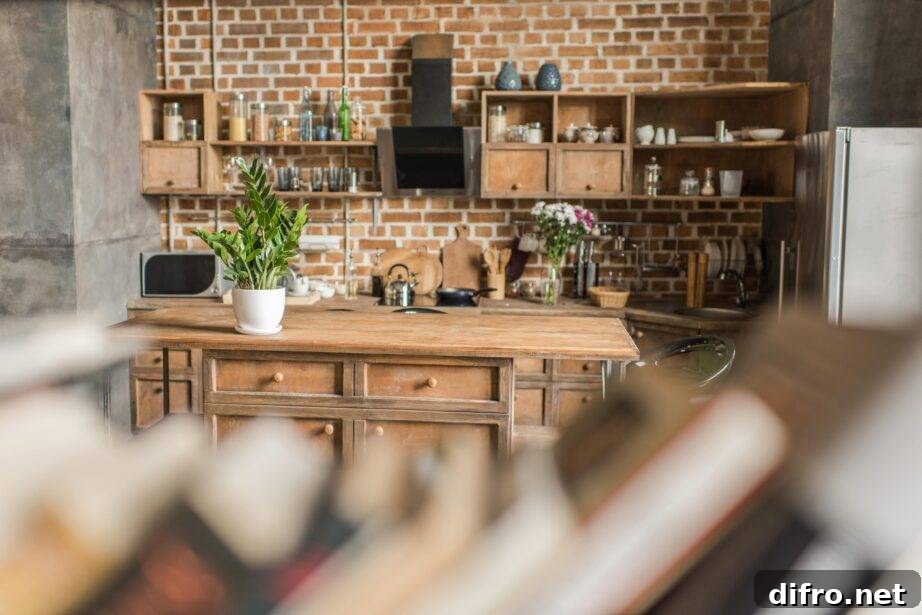 A rustic, old-style wooden kitchen as seen through an open shelf.
