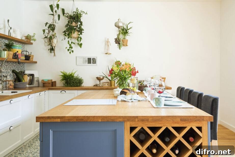 Stylish design of kitchen space interior with dining table, chairs, dishes and other kitchen accessories.