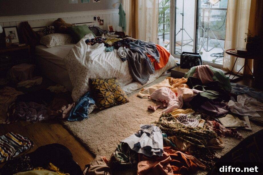 A messy bedroom, clothes strewn on the bed and floor.