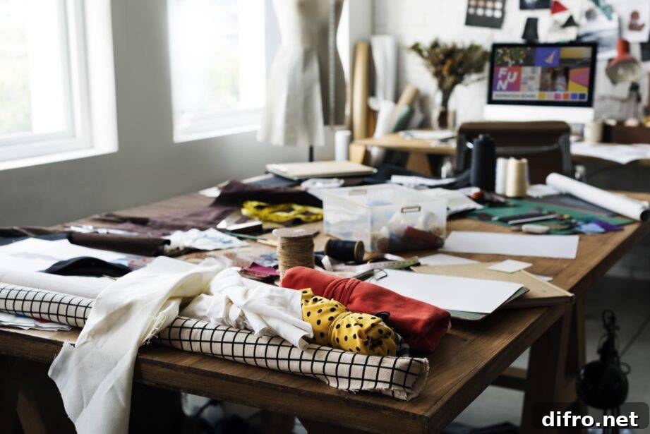 A table covered in various clutter.
