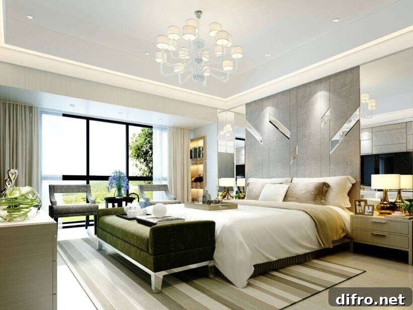 A brightly lit bedroom with a large, rectangular rug beneath the bed.