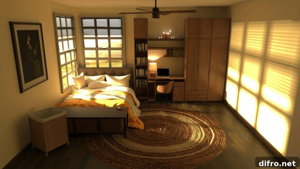 A bedroom lit in golden sunlight, a round rug semi beneath the bed.