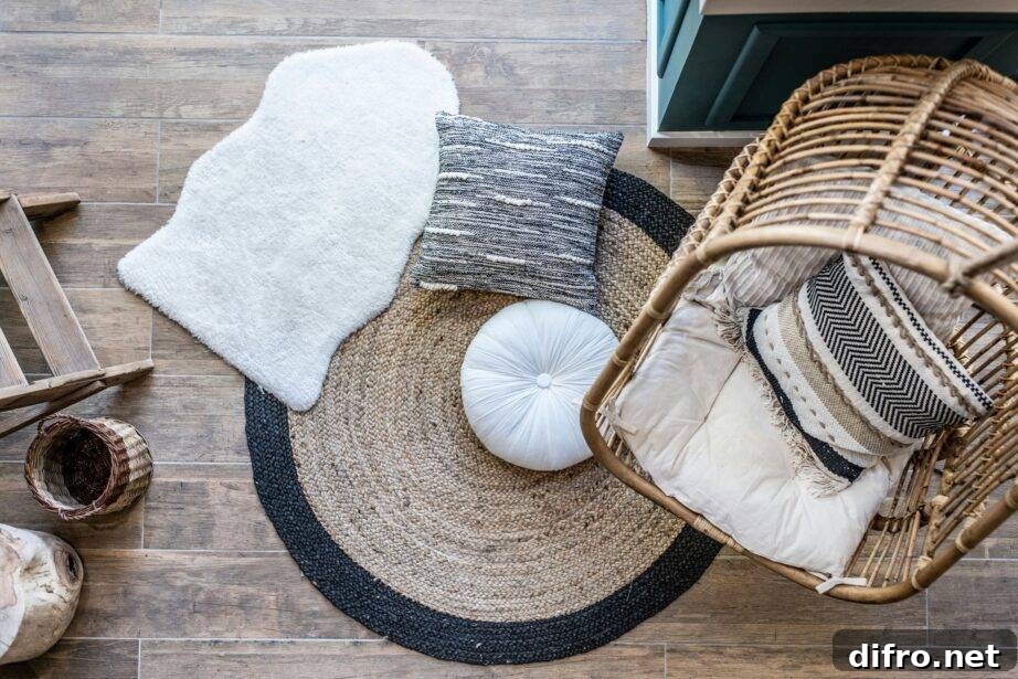 A few small rugs layered together on the floor, seen from above.