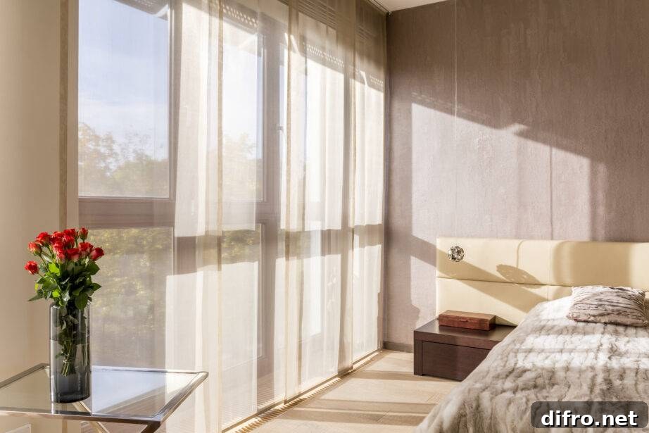 Spacious elegant bedroom in beige colours with flowers and bed