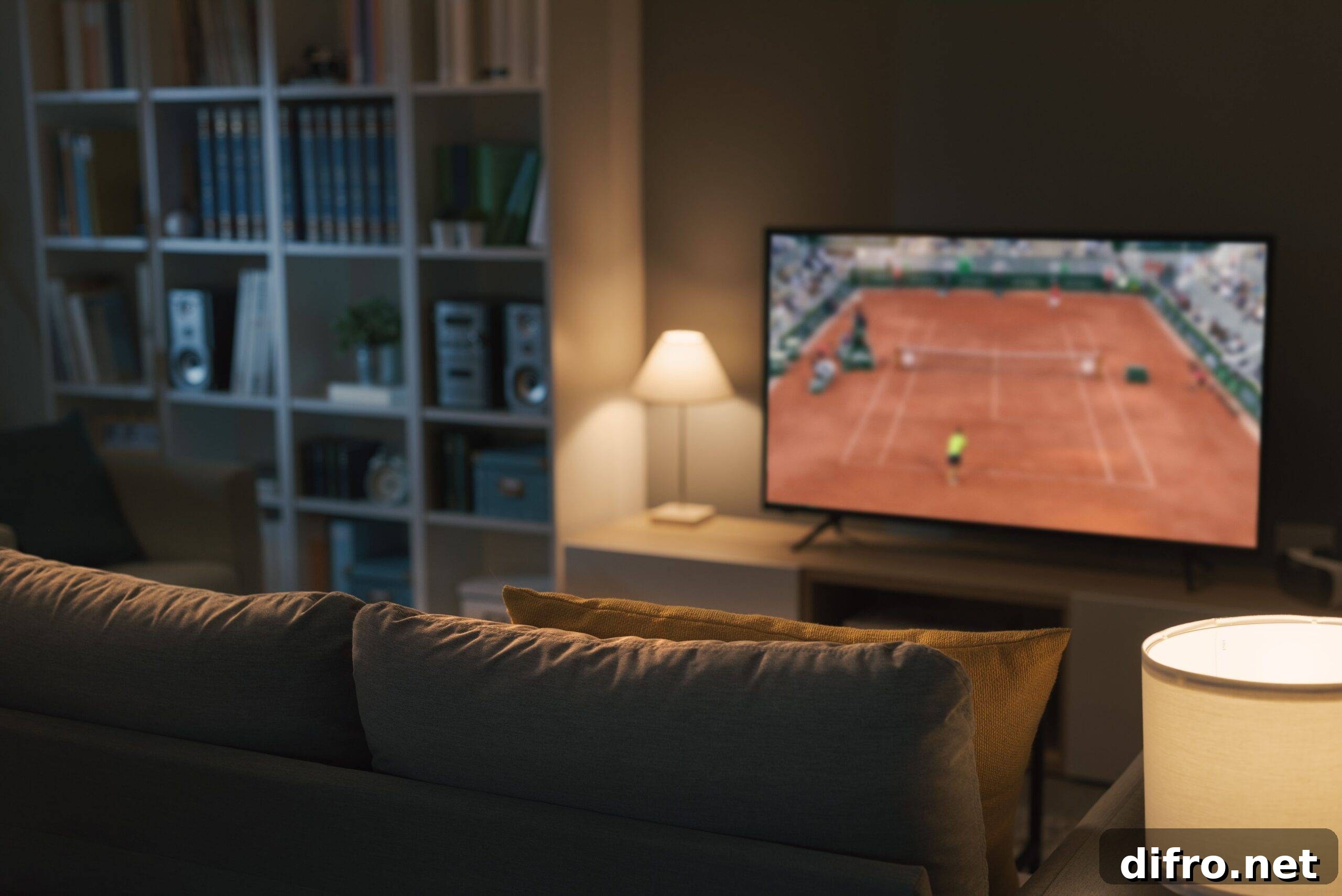 A couch facing a TV that's playing a tennis game.