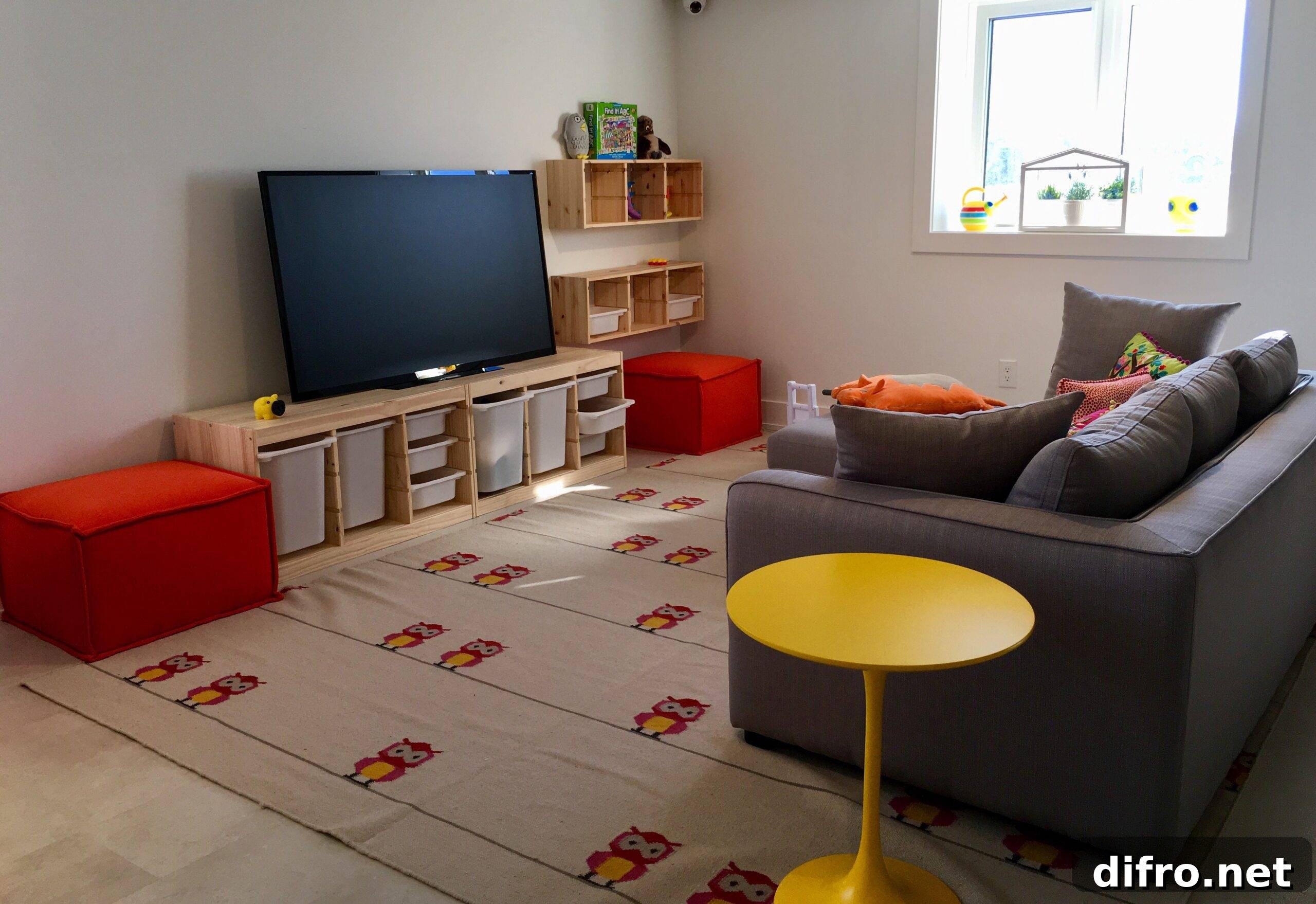 A modern, colourful living room with kid-friendly bin storage beneath the TV.