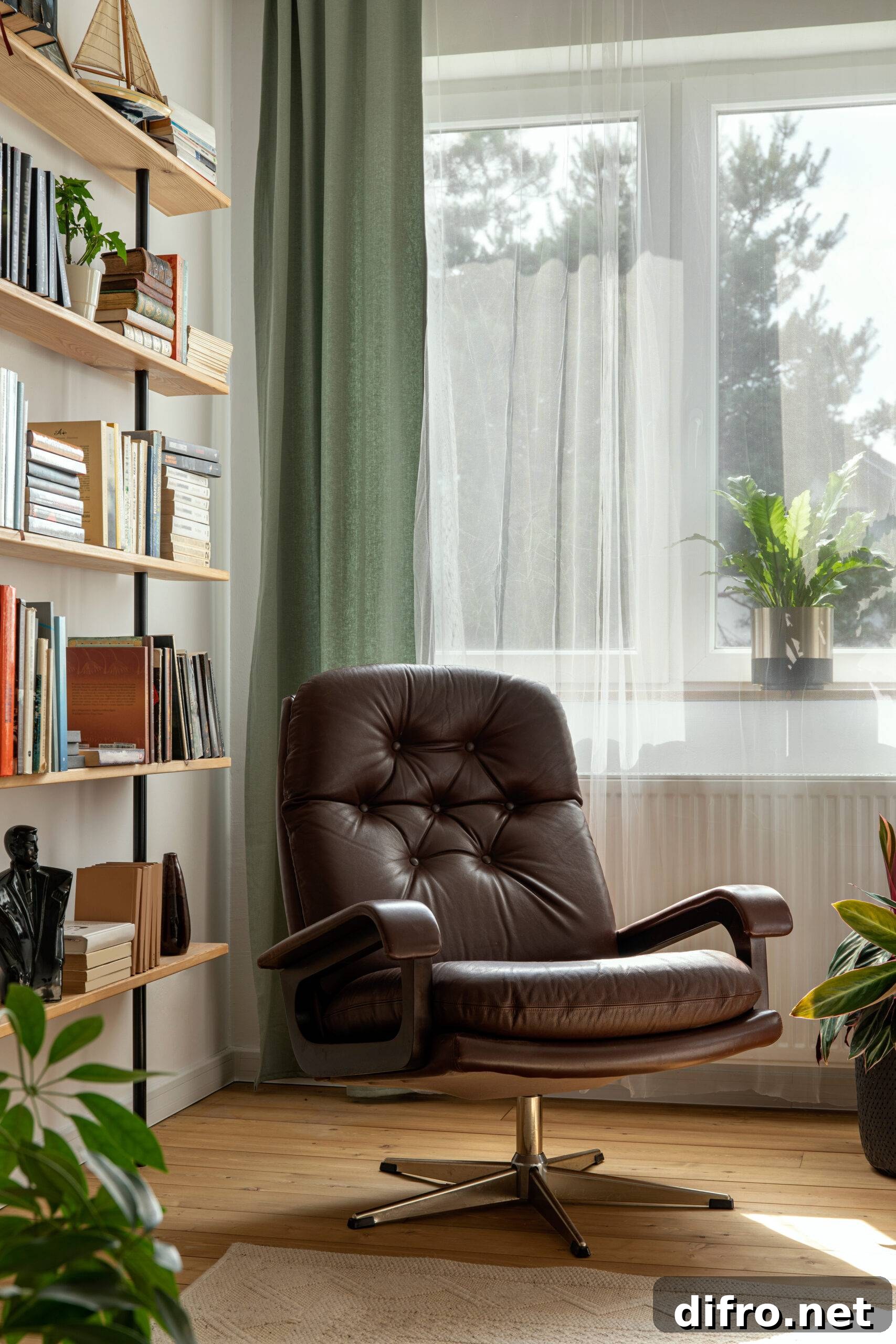 Stylish composition of home office interior with design retro armchair, library, plant, window, books, decoration and elegant personal accessories in home decor.