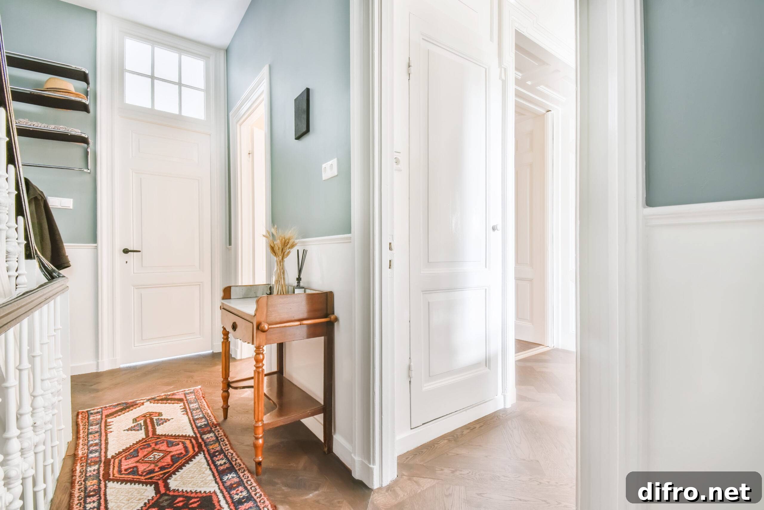 Light blue corridor with a wooden chest of drawers on high legs