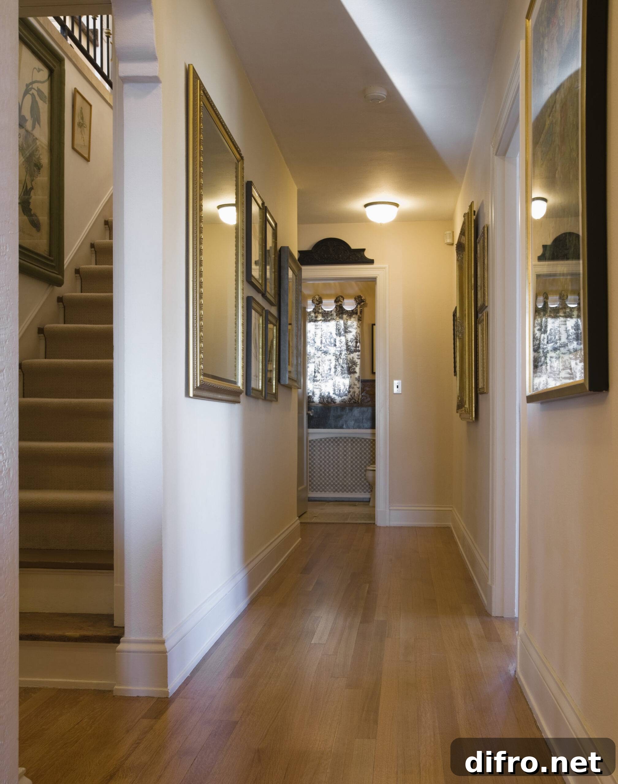 A home entry corridor with paintings and mirrors hung on both walls.