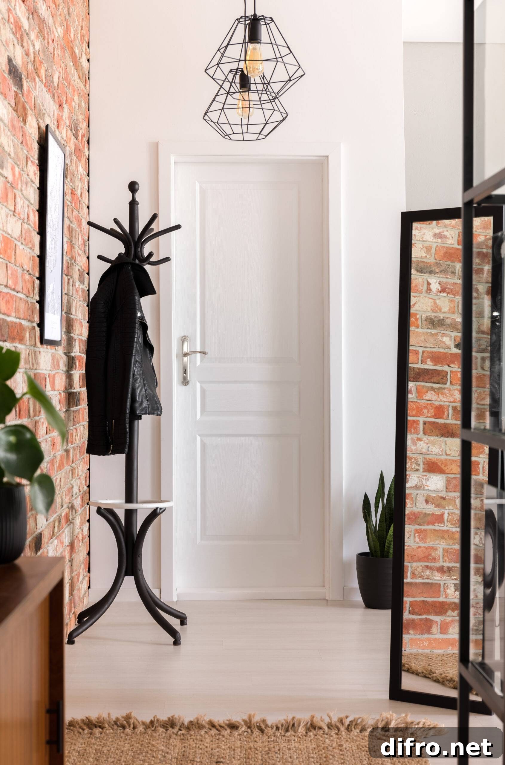 White and brick walled entrance hall interior in real photo with lamps, mirror, hanger with jackets and white door