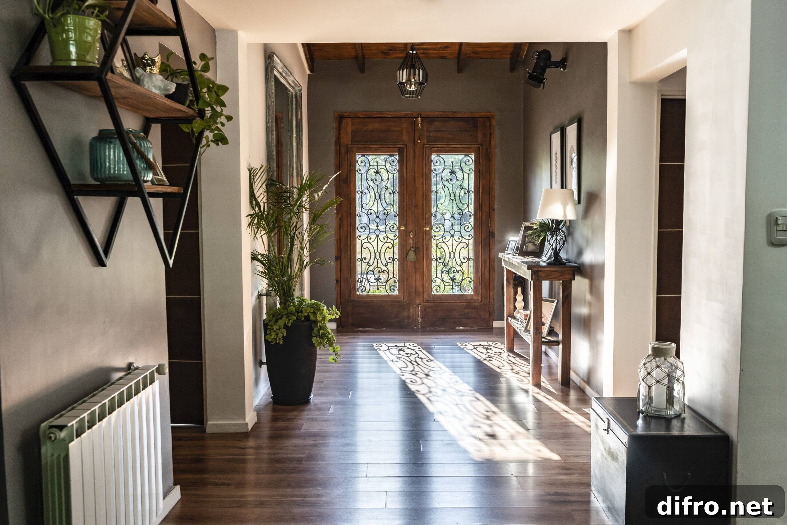 View of a trendy wooden front door from the inside