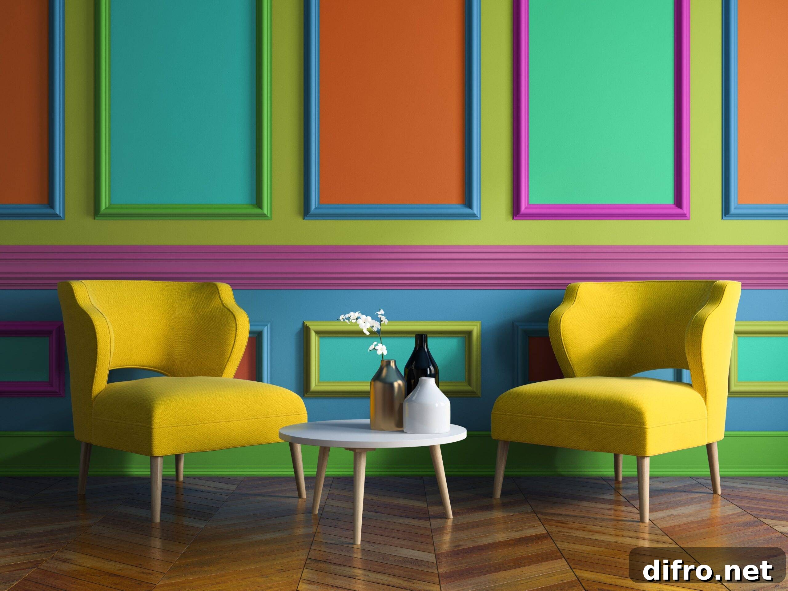 A bright, multi-colored wall with bright yellow chairs in front of it.