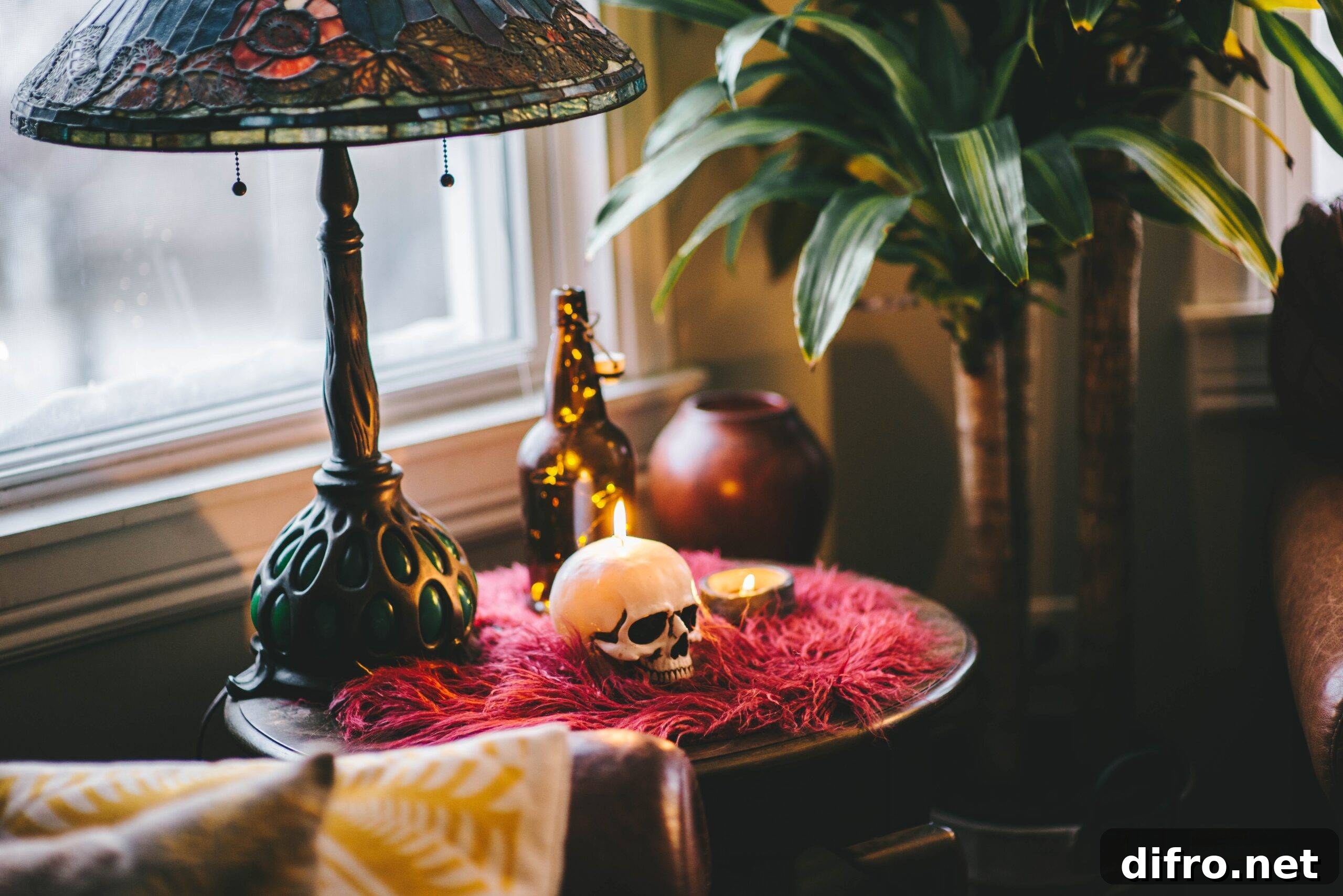 A side table in a dark, gothic home with a pink fuzzy cloth, a dark stained glass lamp, and a small decorative human skull.