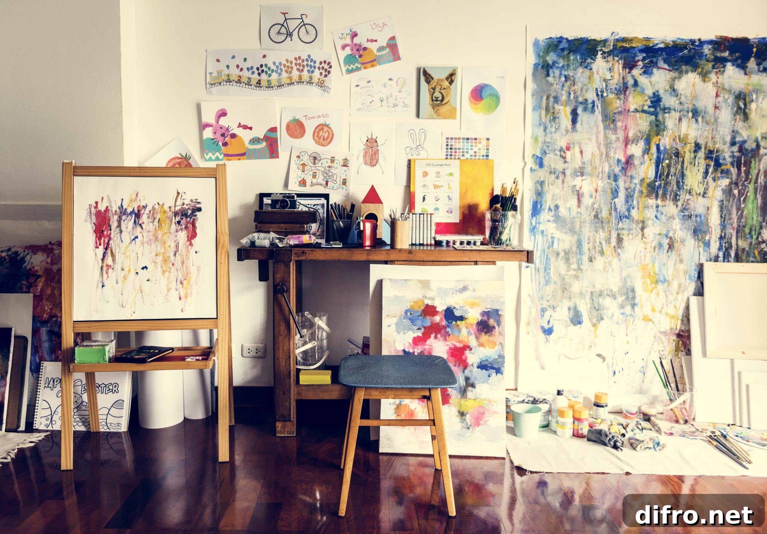 A painter's studio corner, a work desk, easel, stool, and other previous artworks scattered about.