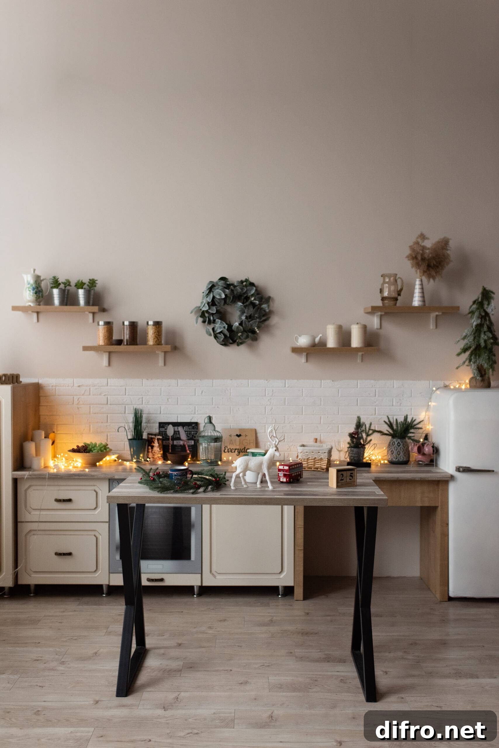 Christmas decor in kitchen. Christmas tableware. Christmas cooking utensils.