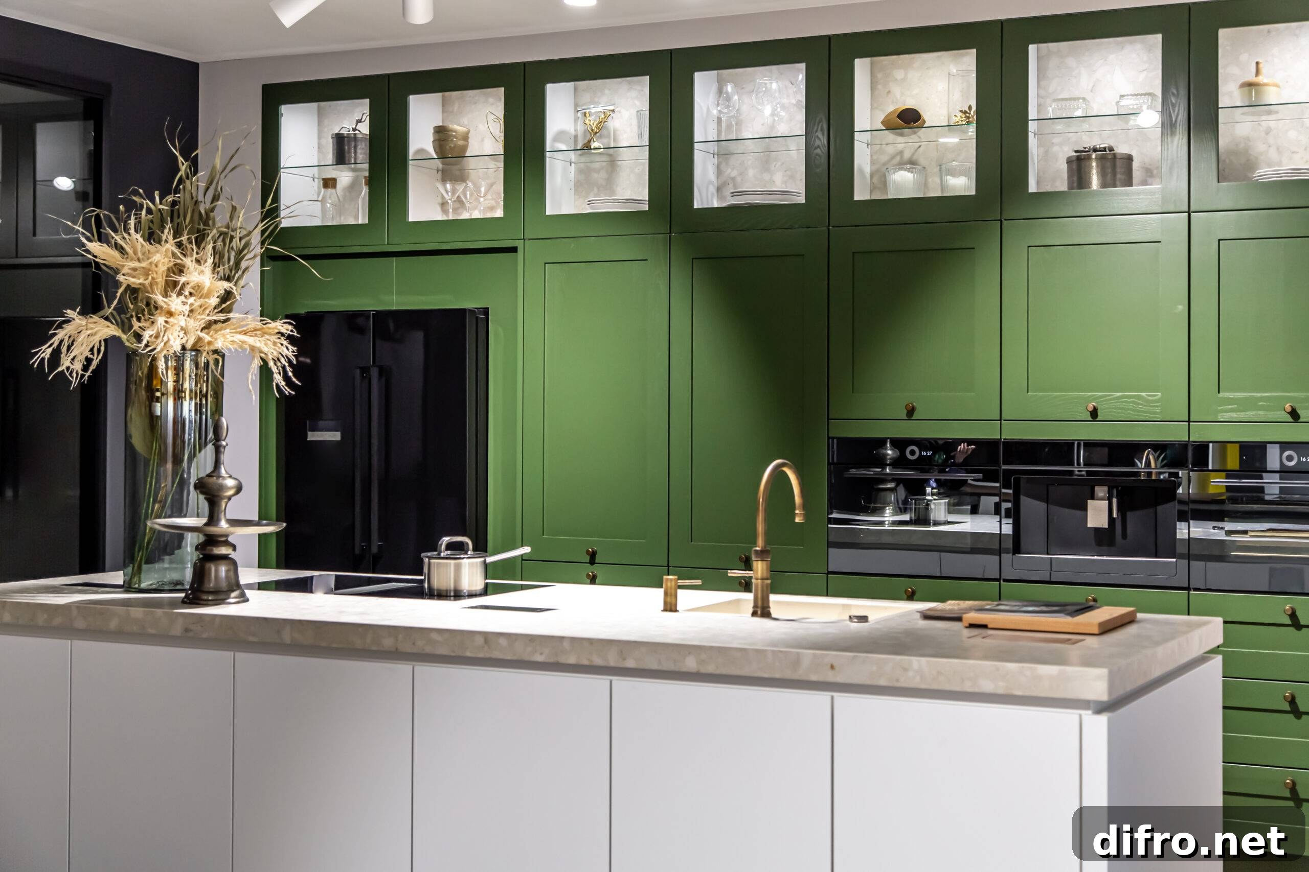 Modern kitchen interior with green cabinet and white countertop, design and decoration.