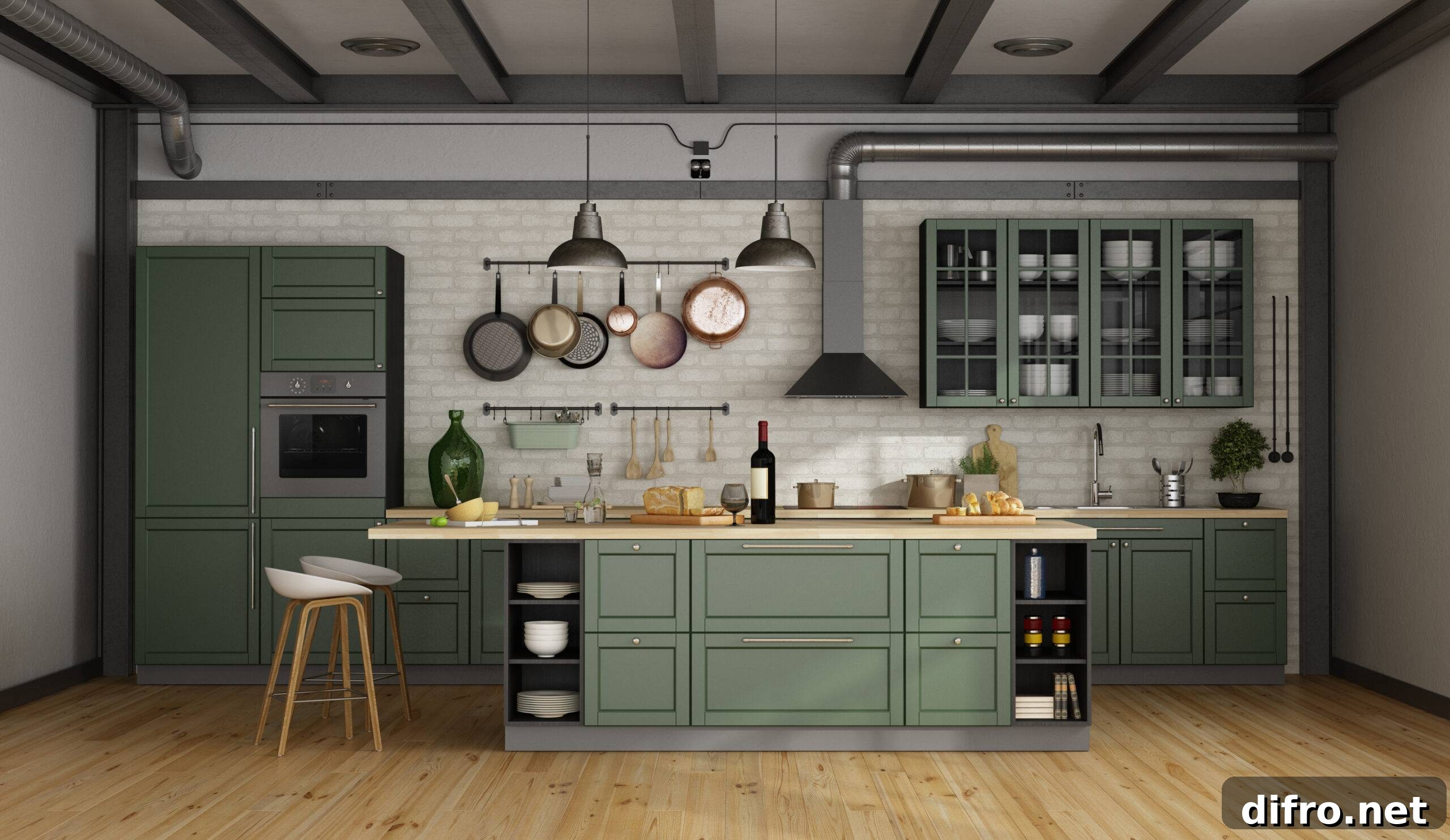 Vintage green kitchen with island in a loft - 3d rendering