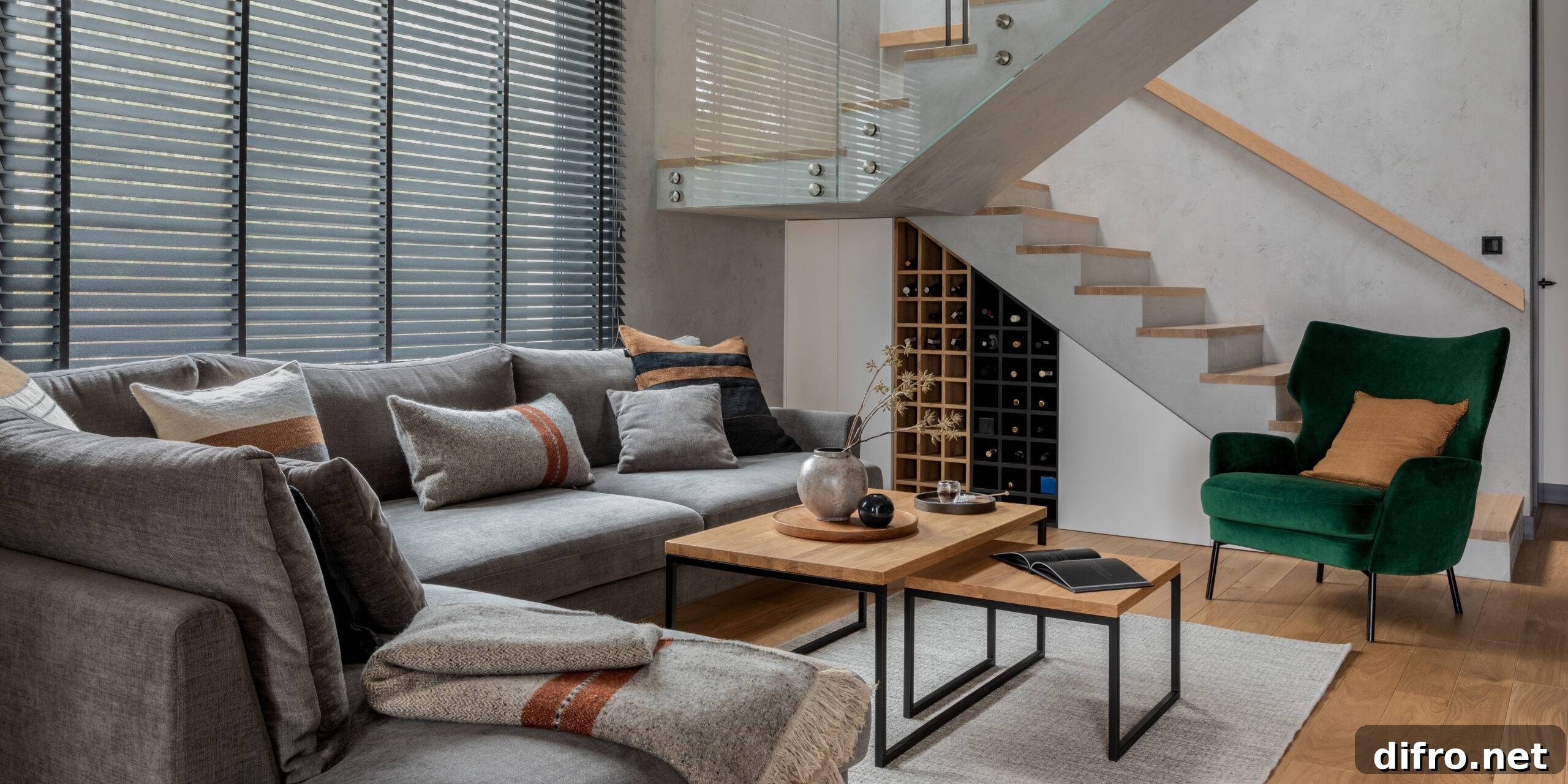 Stylish composition of living room interior with corner grey sofa, green velvet armchair, coffee table, wooden floor, design furniture and minimalist personal accessories. Modern home decor.