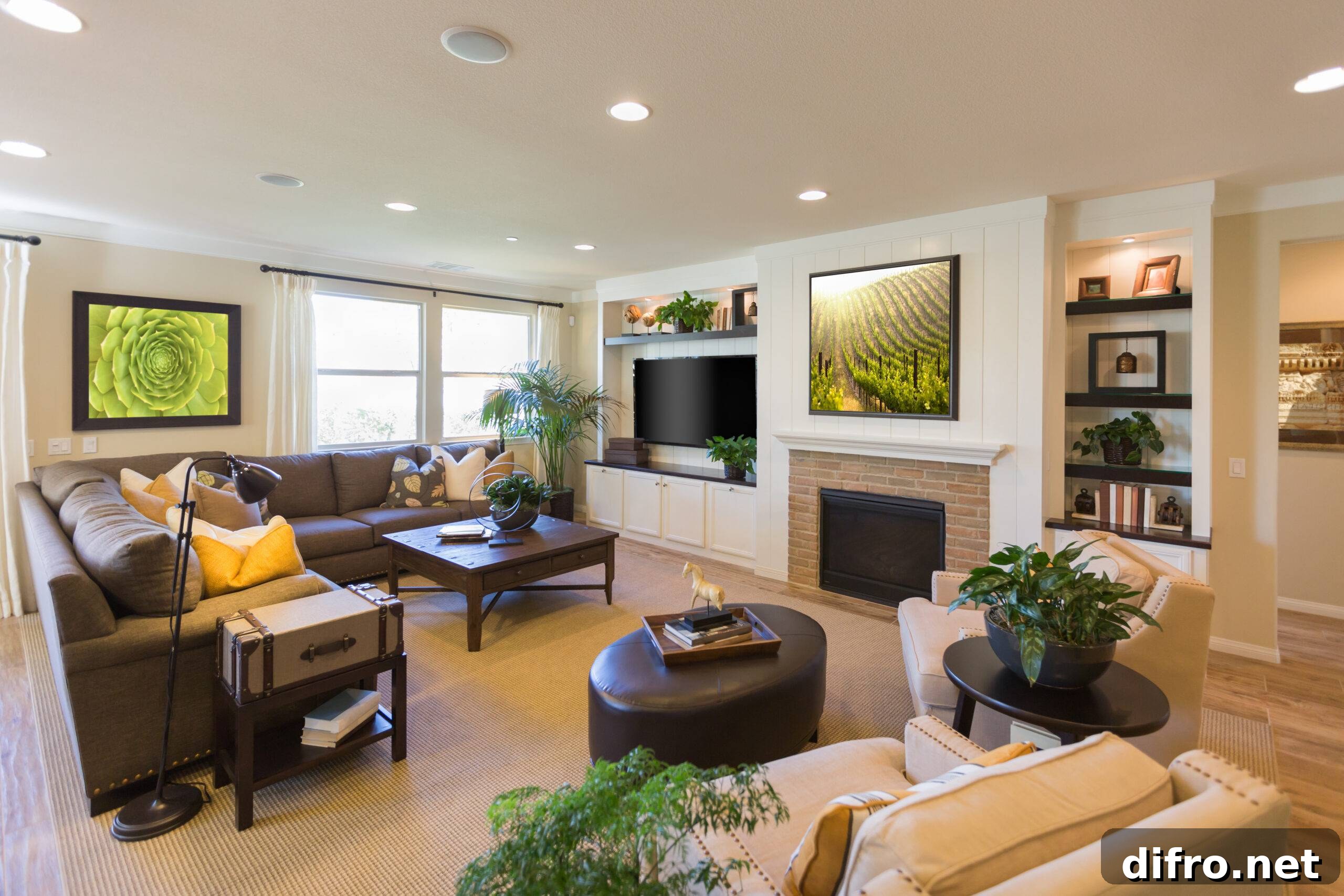 Beautiful open concept living room interior with large windows and modern furnishings.