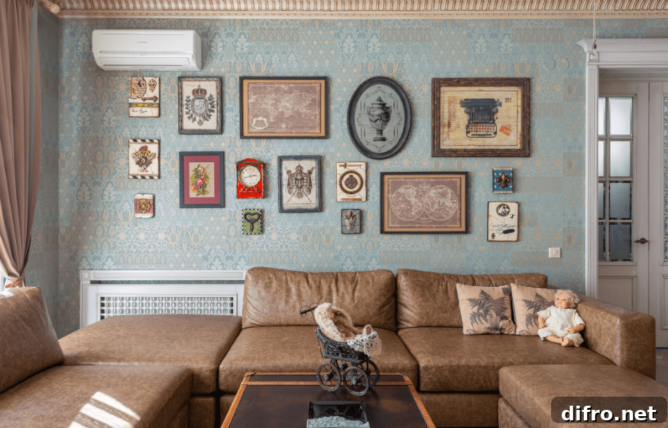 A wall above a living room sectional filled with quirky, vintage wall art.