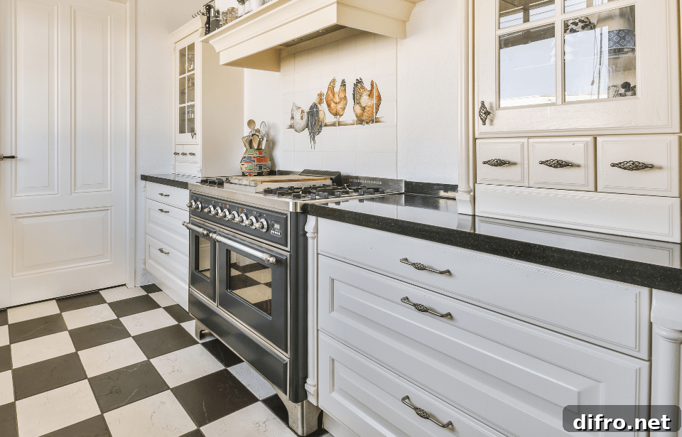 A close photo of a modern kitchen counter with ornate cabinets and handles.