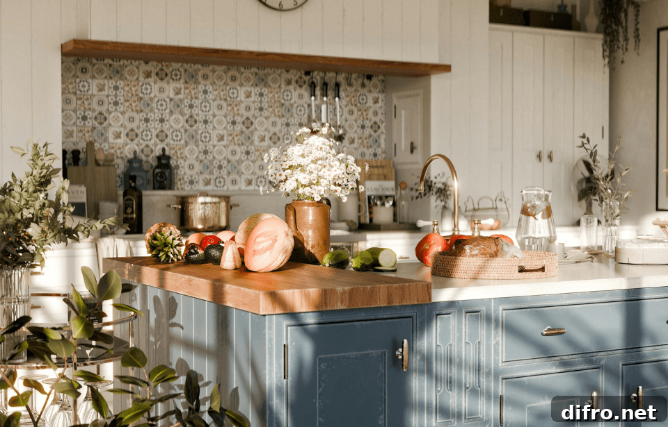A French country kitchen with a blue island with a butcher block on top.