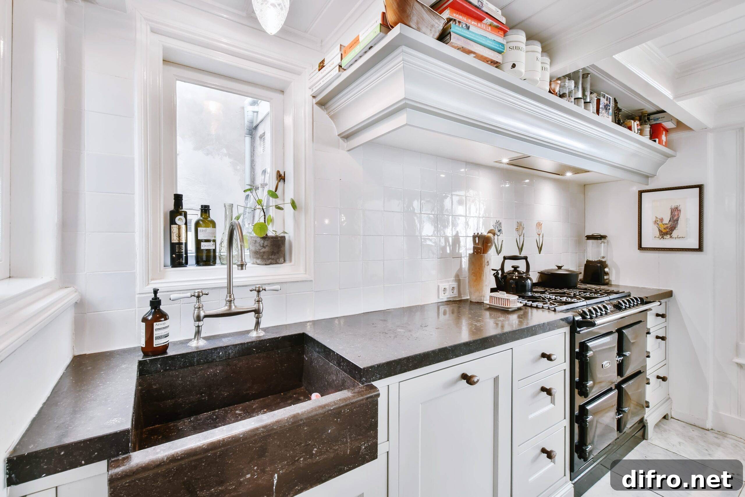 A modern black and white home kitchen with a large country sink.