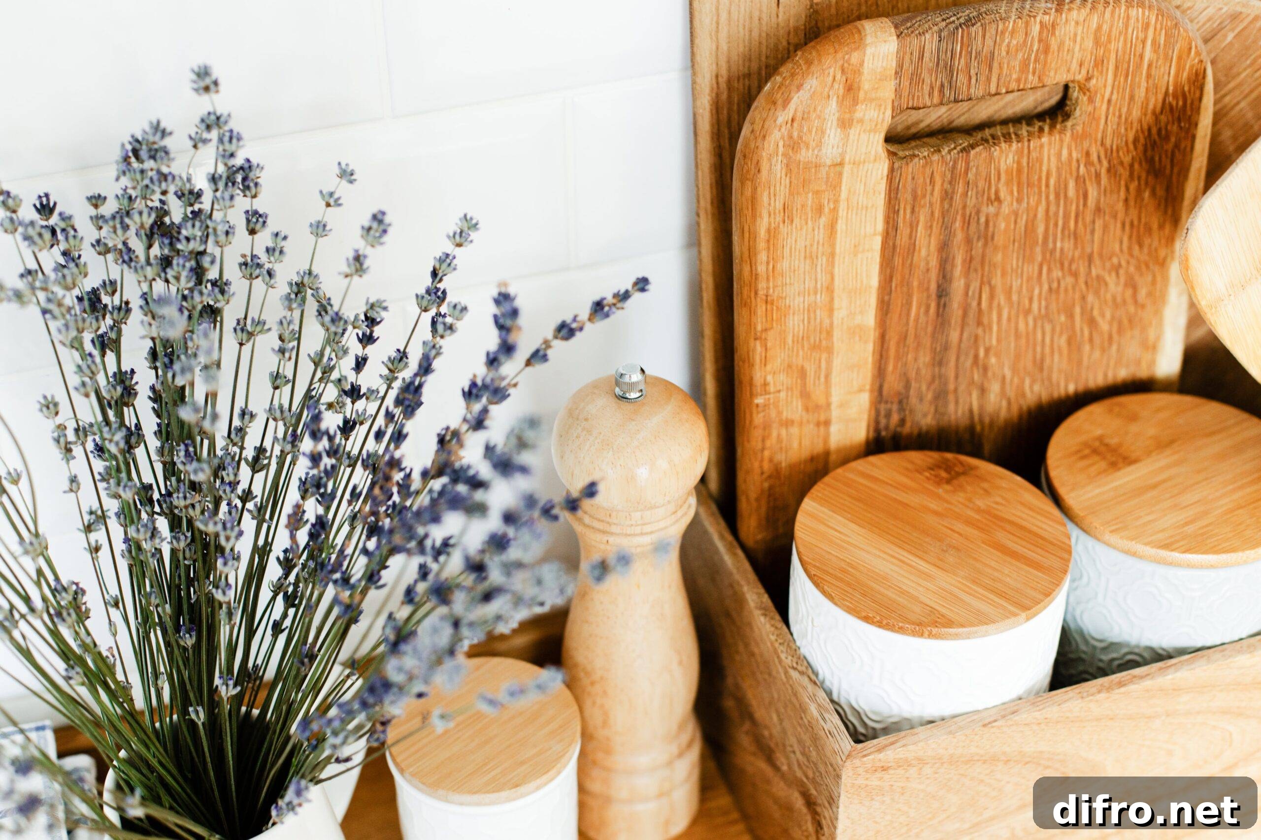 A close photo of some wooden kitchen accessories and a bundle of dried lavender.