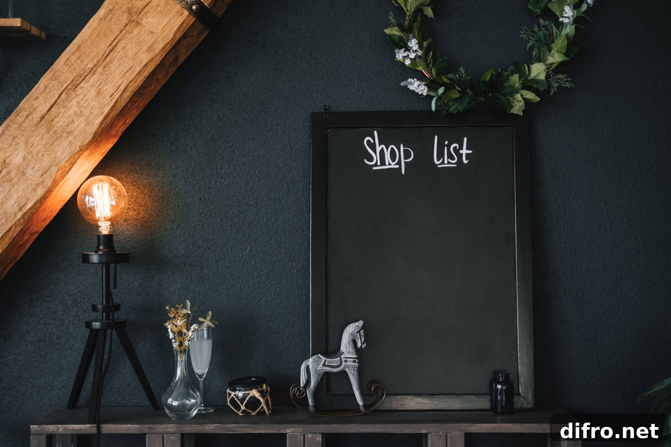 Black empty board in the kitchen for shopping list. Mock-up.
