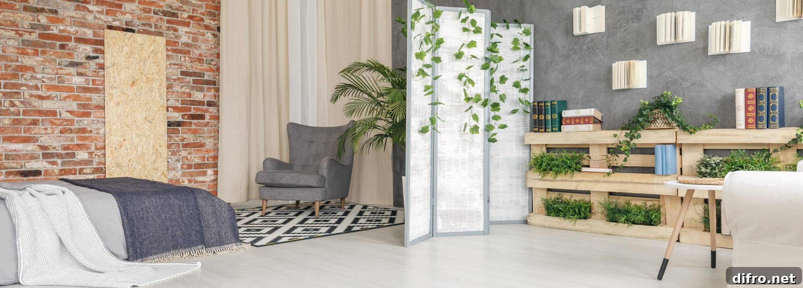 Panoramic view of multifunctional flat with plants