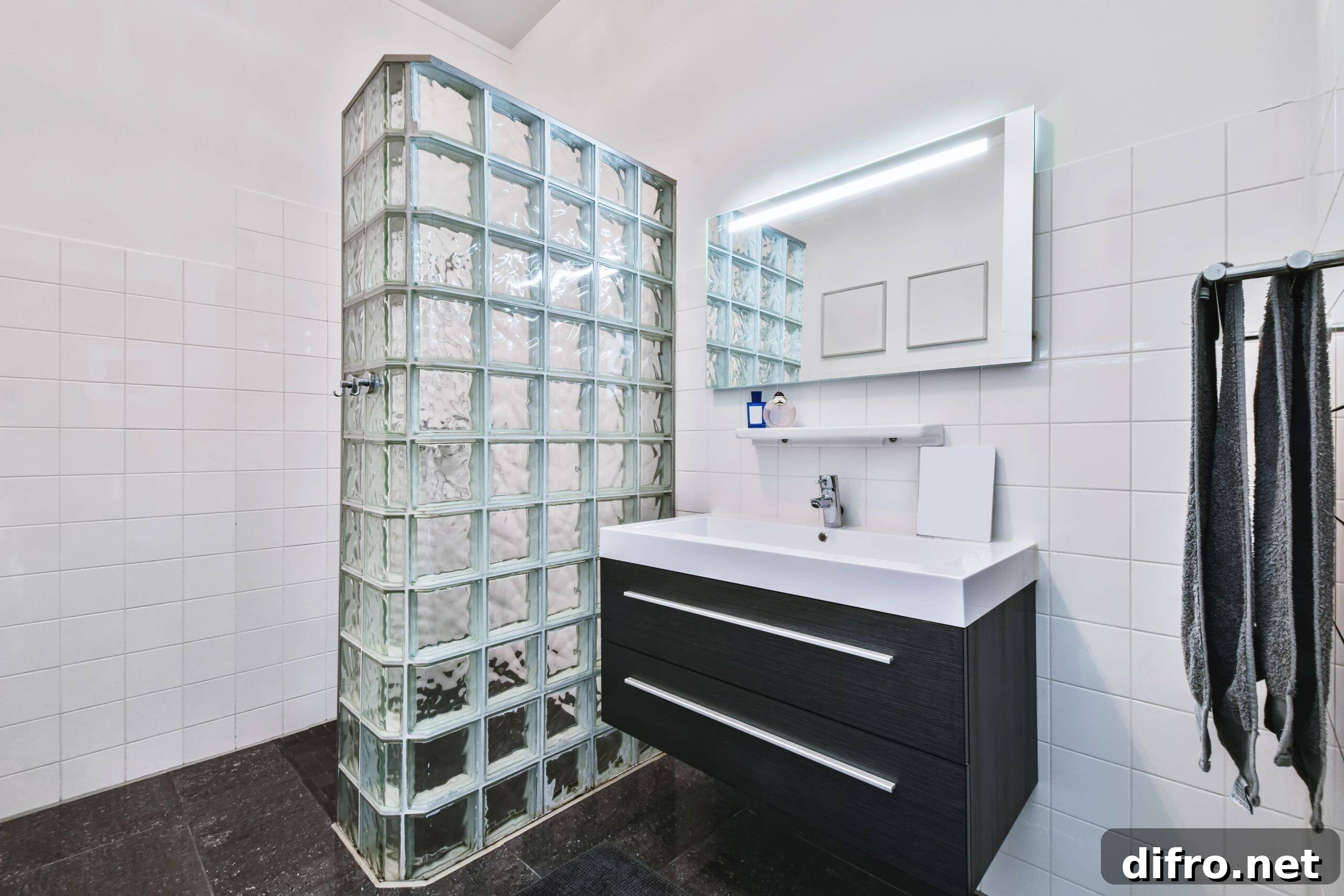 A bathroom with a wall of tiled glass between the sink and toilet.