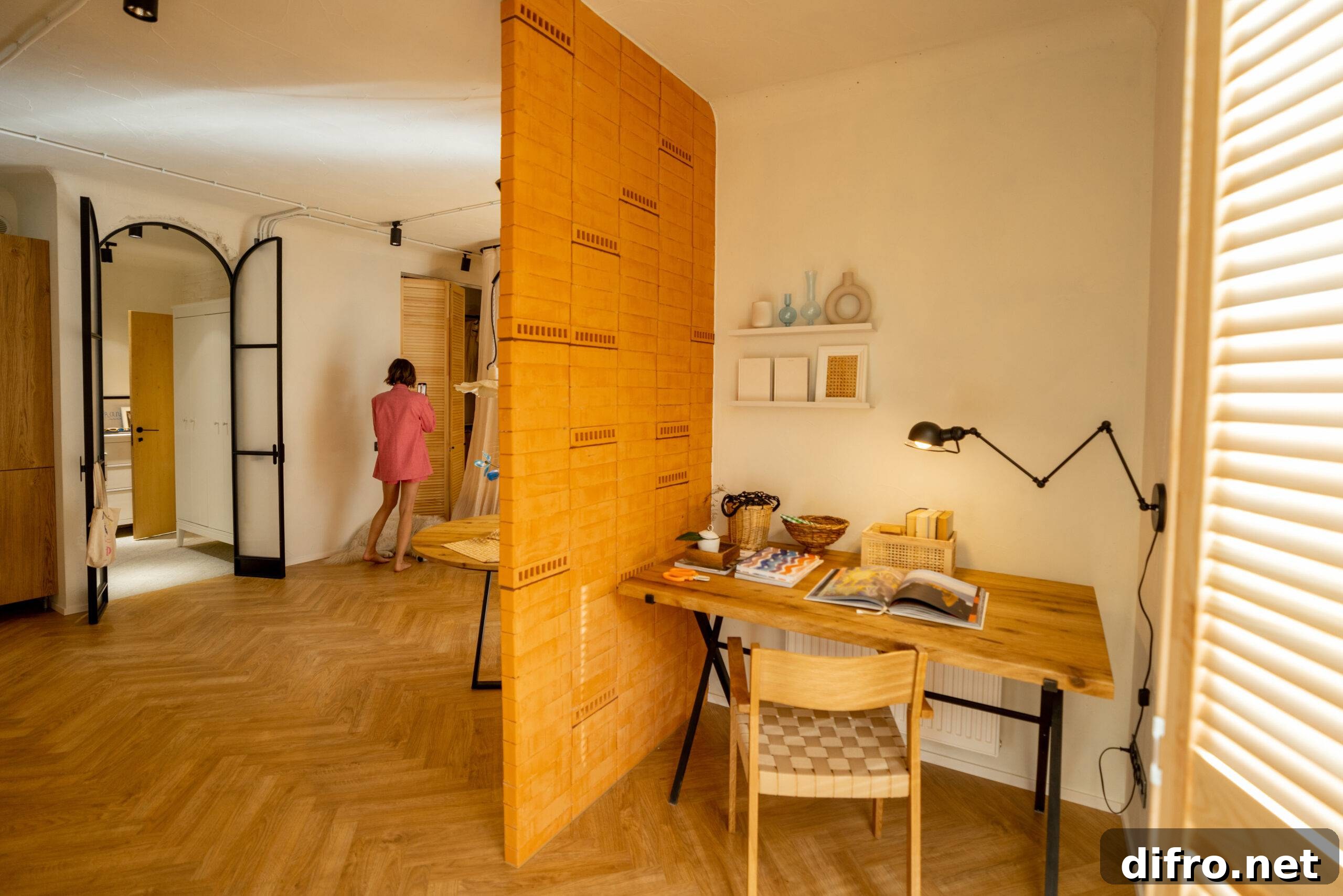 Interior view of workspace separated by a brick wall in stylish studio apartement