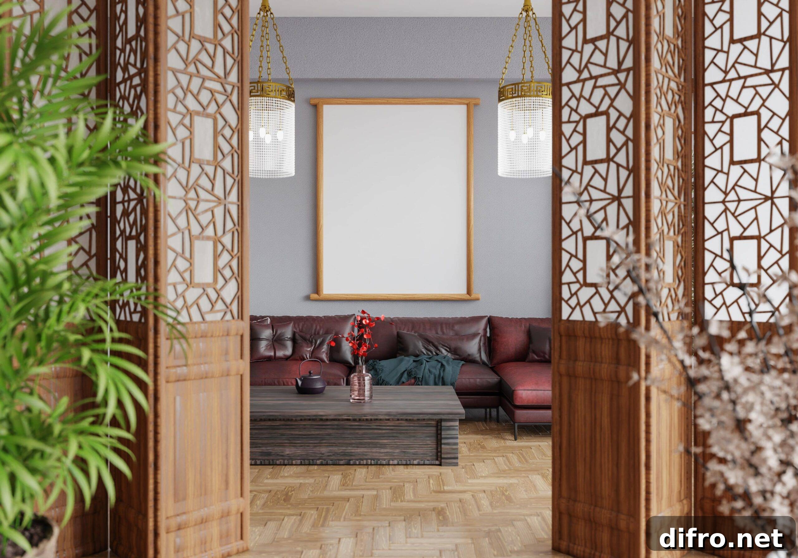 An entryway into a living room with beautiful wooden room dividers on each side.