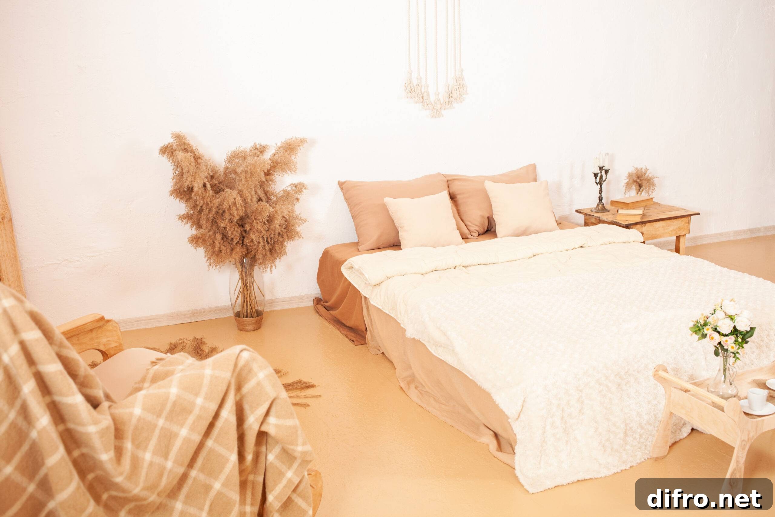 Warm Minimalism: How Cozy Design Transforms Minimalist Interiors 3 Beige brown white interior. Bedroom of light shades. A rocking chair with a plaid, a mirror in a wooden frame, flowers pampas plant. Decorations for the house DIY. Fashion design.